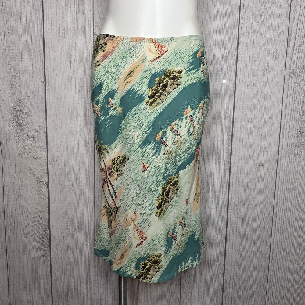 Vintage Tropical Hawaiian Rayon Midi Skirt Surf Print, sz Small